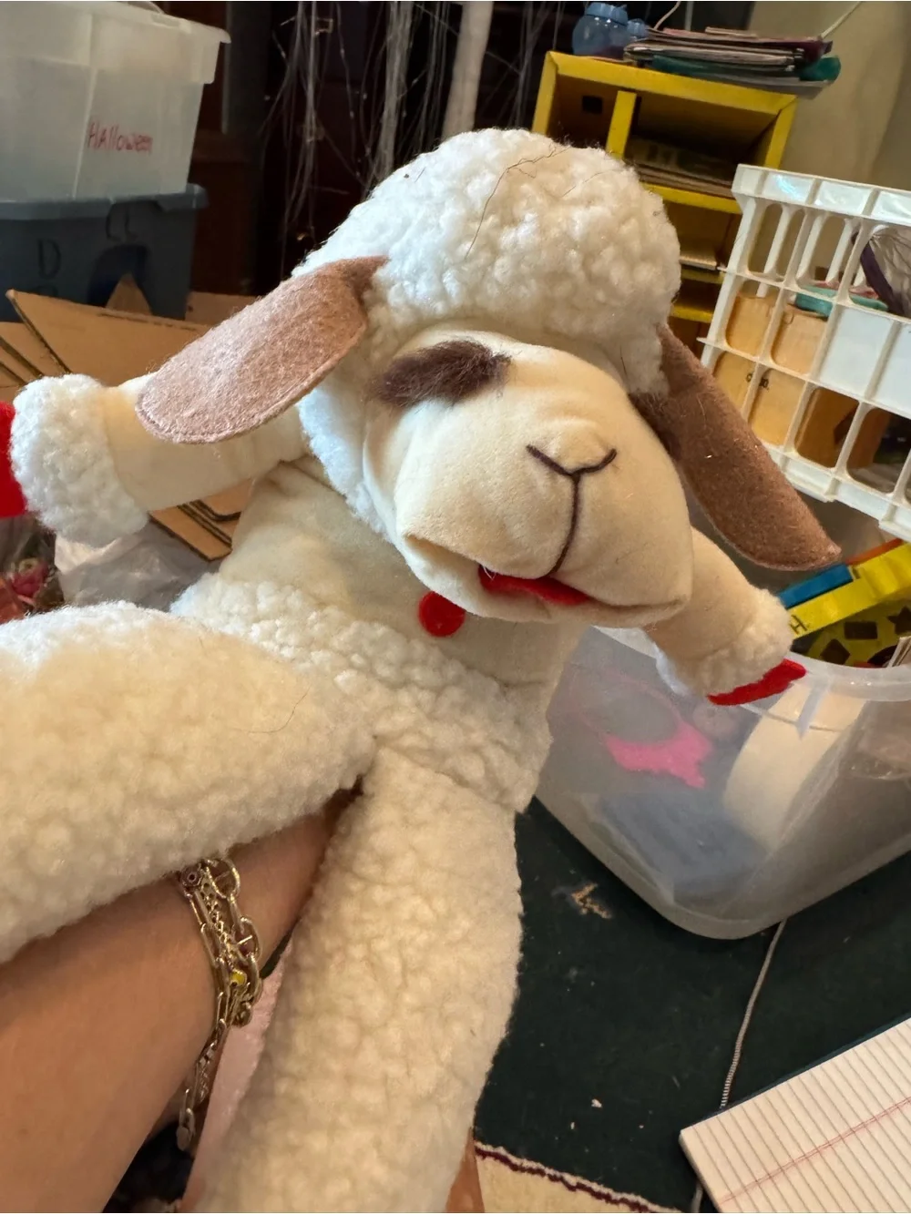 Plush Lamb chop puppet Toy in Cream with Red Accents